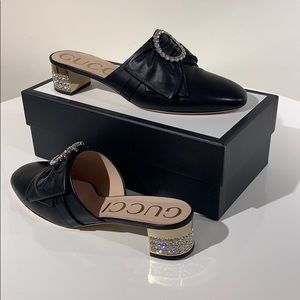 Gucci Black Leather Crystal Bow Slipper Mules